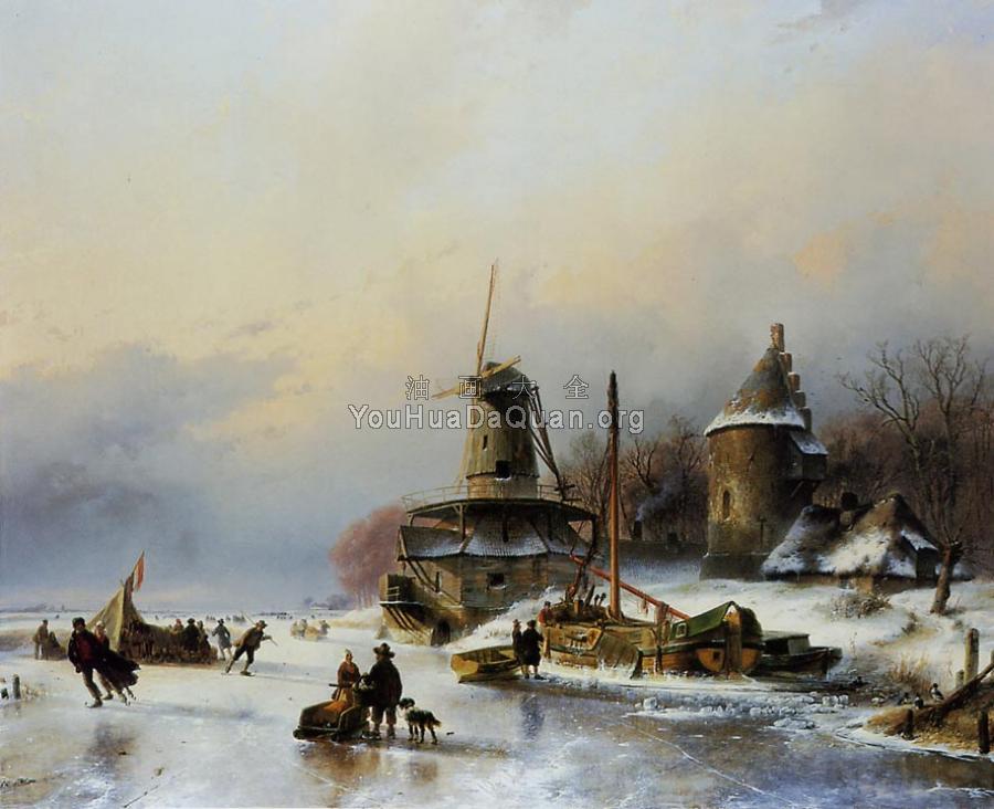 Ice merriment near a mill sun web - 安德列亚斯·Schelfhout